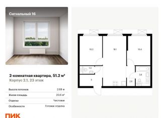 Двухкомнатная квартира на продажу, 51.2 м2, Москва, ЖК Сигнальный 16