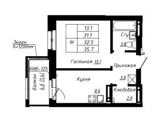 Продам 1-комнатную квартиру, 35.7 м2, Барнаул, Индустриальный район, Павловский тракт, 196к2