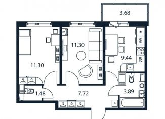 Двухкомнатная квартира на продажу, 46.2 м2, Мурино