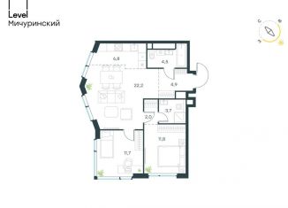 Трехкомнатная квартира на продажу, 67.6 м2, Москва, жилой комплекс Левел Мичуринский, к9