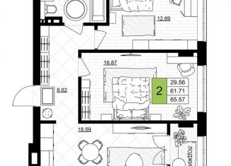 Продажа 2-комнатной квартиры, 65.6 м2, Гурьевск