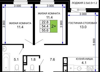Двухкомнатная квартира на продажу, 55.6 м2, Краснодар, ЖК Дыхание