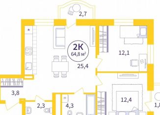 Двухкомнатная квартира на продажу, 61.7 м2, Екатеринбург