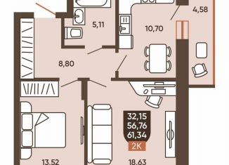 Продается двухкомнатная квартира, 61.3 м2, Новосибирск, Калининский район, Новоуральская улица, 10