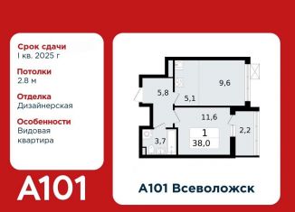 Продается 2-ком. квартира, 38 м2, Всеволожск, микрорайон Южный, 3.3