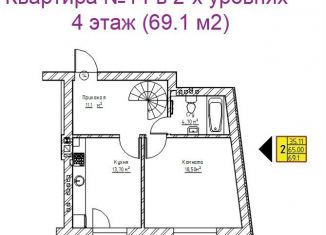 Продается двухкомнатная квартира, 69.1 м2, Балтийск, улица Н. Каплунова, 11