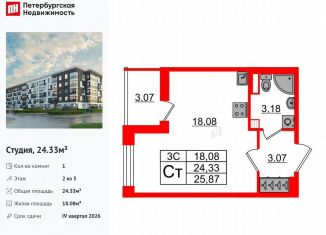 Продажа квартиры студии, 24.3 м2, Санкт-Петербург, муниципальный округ Пулковский Меридиан