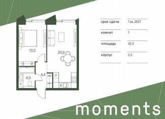 Продается 1-ком. квартира, 42.3 м2, Москва, жилой комплекс Моментс, к2.2, метро Войковская