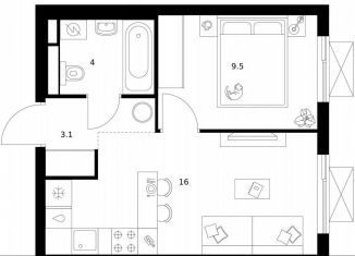 1-ком. квартира на продажу, 32.6 м2, Москва