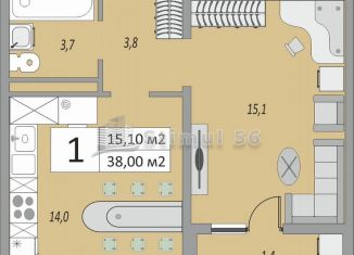 Продажа 1-комнатной квартиры, 38 м2, Оренбург, жилой комплекс Осенний Лист, 6