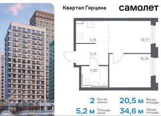 Продается 2-ком. квартира, 34.6 м2, Москва, жилой комплекс Квартал Герцена, к2, метро Зябликово