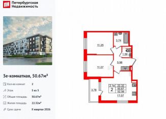 Продажа 2-комнатной квартиры, 50.7 м2, Санкт-Петербург, метро Звёздная