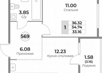 Продажа однокомнатной квартиры, 34.7 м2, Калининград