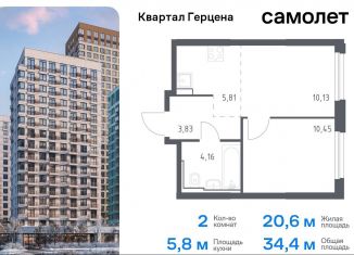 2-комнатная квартира на продажу, 34.4 м2, Москва, жилой комплекс Квартал Герцена, к2, метро Зябликово