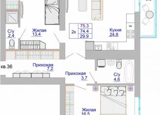 Продаю 2-комнатную квартиру, 75.3 м2, Калининград, Московский район, Печатная улица, 49