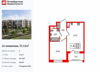 Продается однокомнатная квартира, 33.1 м2, посёлок Шушары