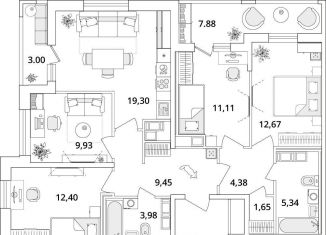 4-комнатная квартира на продажу, 95.7 м2, Санкт-Петербург, Кубинская улица, 82к3с1, метро Звёздная